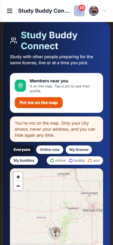 Study Buddy Connect screen with a map of study partners near you
