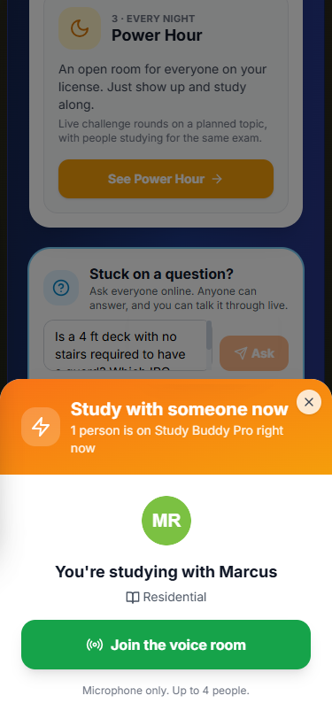 Study Now match screen: "You're studying with Marcus" with a Join the voice room button