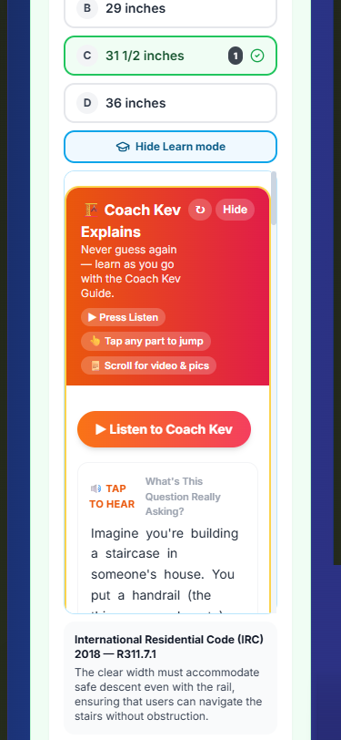 Learn mode where Coach Kev explains the question