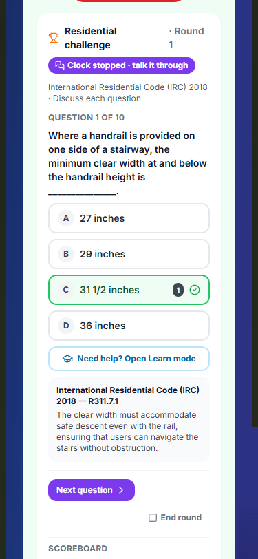 Answer revealed with the clock stopped and code section R311.7.1 shown